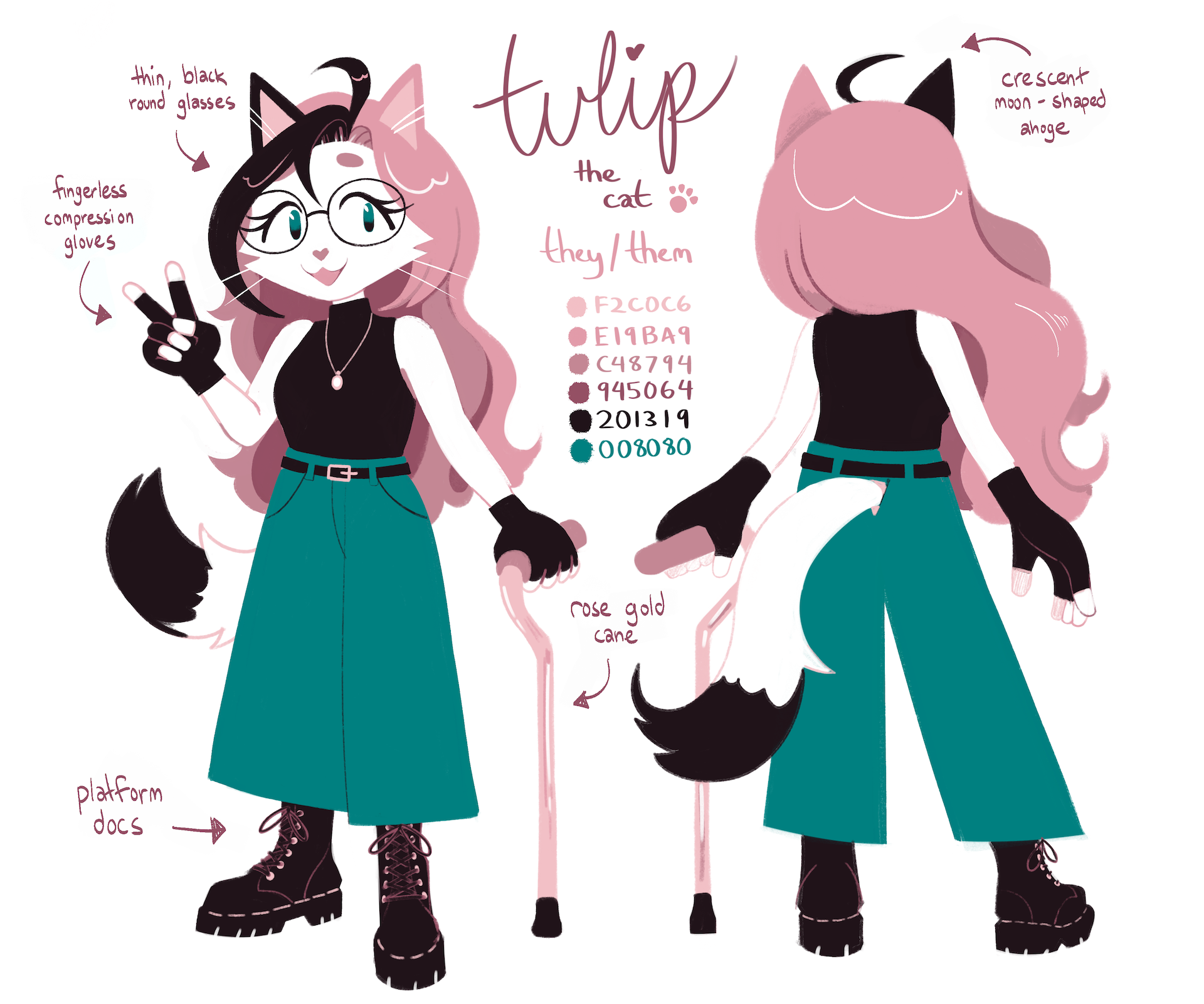 reference sheet for an anthropomorphic cat. their name is Tulip, and they have pink and black long hair. they're wearing a black high-necked tank top, black fingerless gloves, long teal pants, and a pair of black platform lace-up boots. they're holding a cane as well.